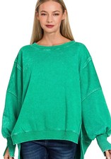 Zenana Fleece Sweatshirt Green Acid Washed Batwing Sleeve Womens Top
