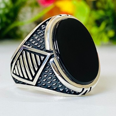 925 Sterling Silver Ring With Onyx Gemstone All Size Men's Jewelry
