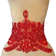 Beaded Lace Sewing Patches Appliques with Stones and Crystals Rhinestones Red
