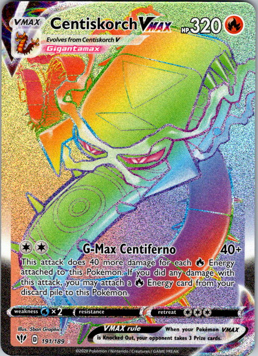 Centiskorch VMAX (Secret) Holo Secret Rare SWSH03: Darkness Ablaze 191/189 NM