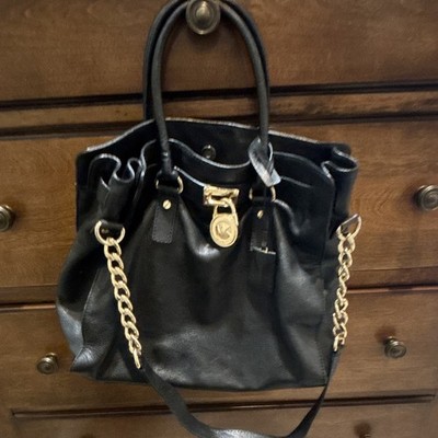 Michael Kors Large Black Drawstring Satchel Gold Chain Strap Lock Logo