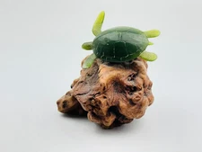 Vintage John Perry Burl Wood Base w/ Green Turtle Figurine Sculpture 4.5"Tx4.5"