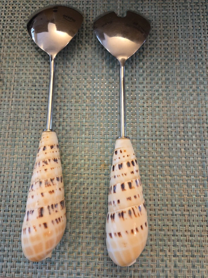 Pottery Barn Serving Set Utensils Seashell Handles 9.5" Silver tone Shells Conch - Image 2 of 2