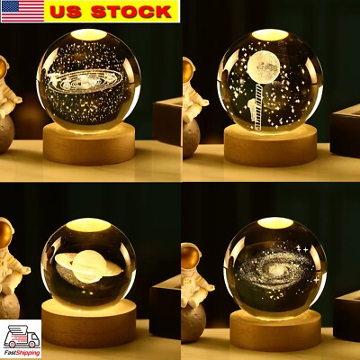 4 Pack 3D Galaxy Crystal Ball with Warm Light 3.14'' Laser Engraved Solar System