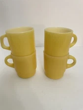 4 ANCHOR HOCKING Fire King Mug YELLOW Stackable Coffee Cup C Handle Vintage
