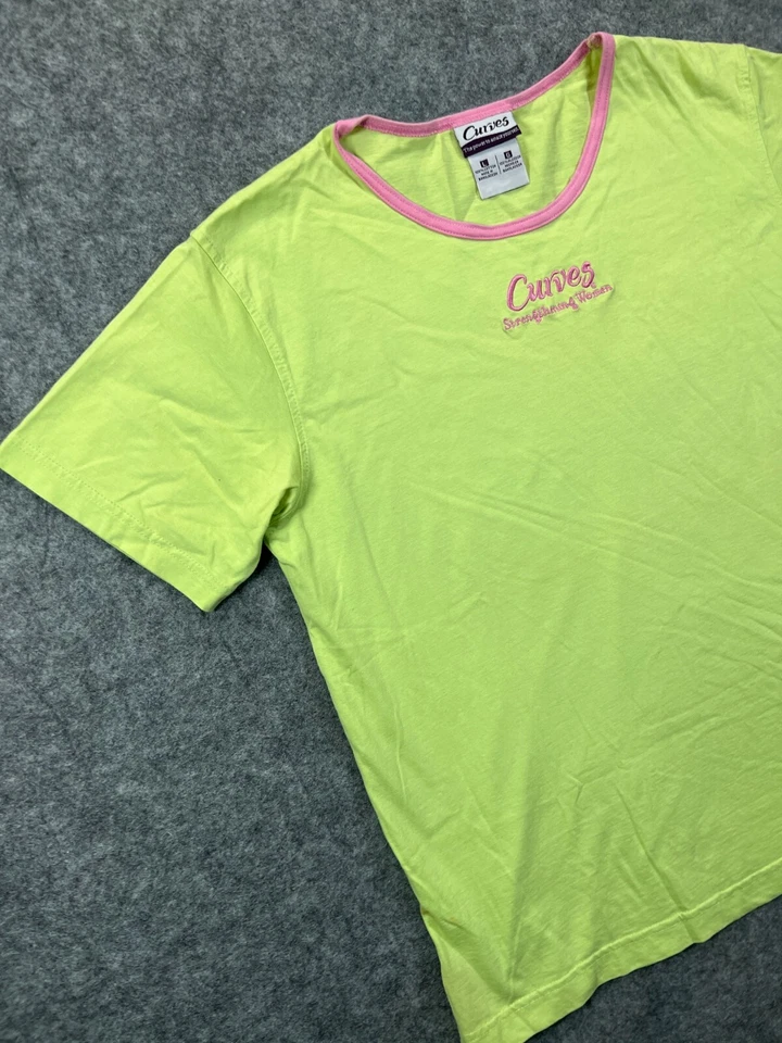 Camiseta CURVES Mujer Grande Verde Rosa Borde Crew Camiseta Gráfica Damas  Foto 2 de 4