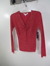 New No Boundaries Twist Front Sweater Size S 3 5 Red Metallic Long Sleeve Ribbed