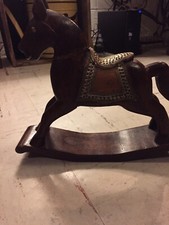 Handcarved Wood Minature Rocking Horse With Brass Saddle