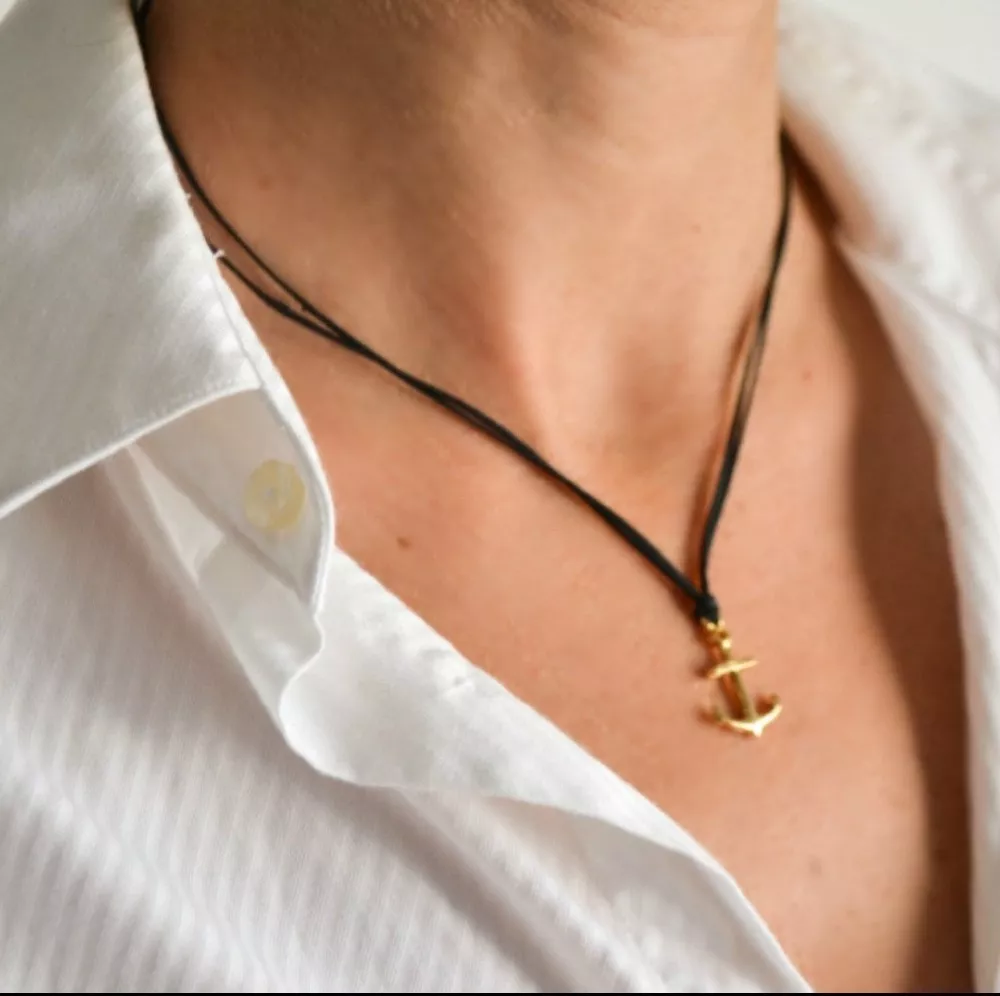 Gold anchor necklace for women black string beach summer jewelry