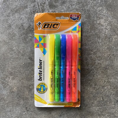 Bic Fluorescent Brite Liner Highlighter 5 Per Package 5 Colors Brand New