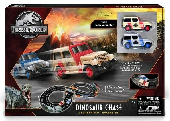 Jurassic World Dinosaur Chase Slot Car Racing Track Wrangler Jeep Race Car Play