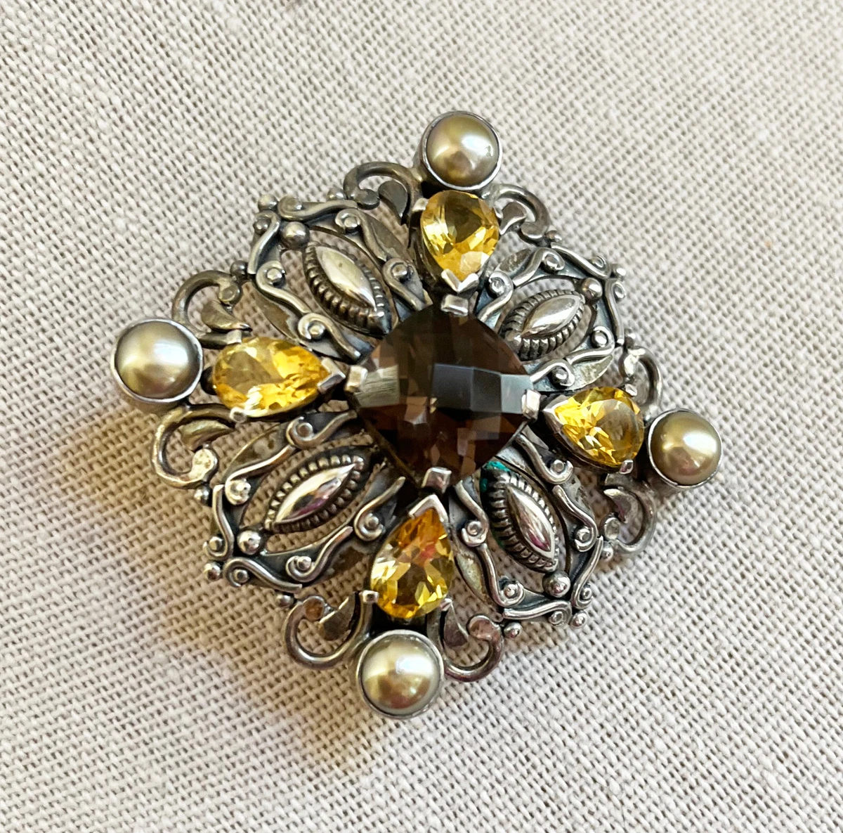 QVC 925 Sterling Silver Vintage Real Gemstone Ornate Square Pin Brooch