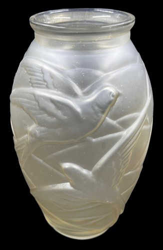 Vintage Yellow Satin Glass Vase Embossed Flying Birds On Matte Glass 10”