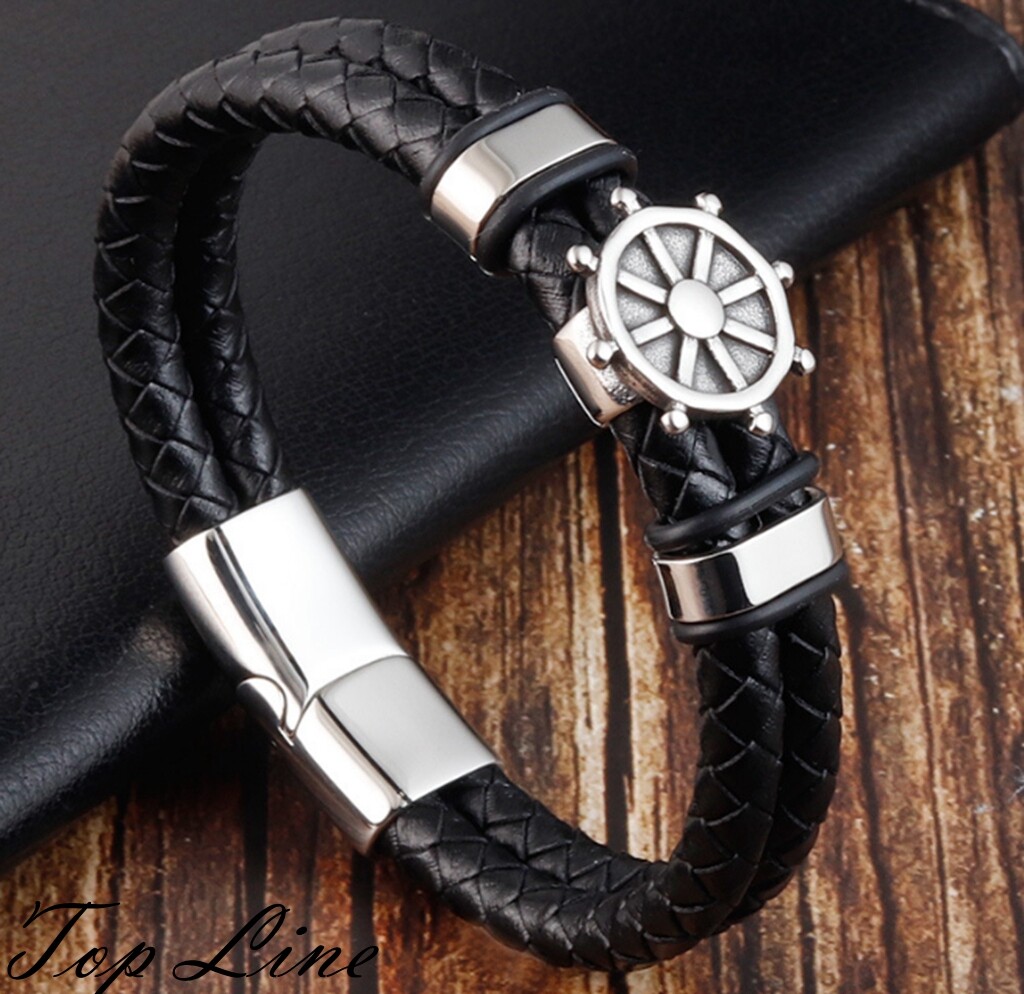 Men Boy Women Anchor Steering Wheel Black Leather Bracelet