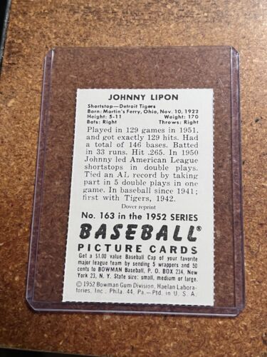 1977 Dover Publications 1952 Bowman Reprint # 163 Johnny Lipon - Picture 2 of 8