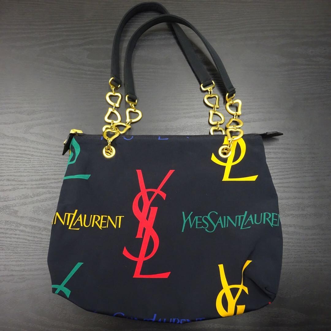 Borsa a tracolla Yves Saint Laurent Ysl logo stampa catena cuore nera usata nylon