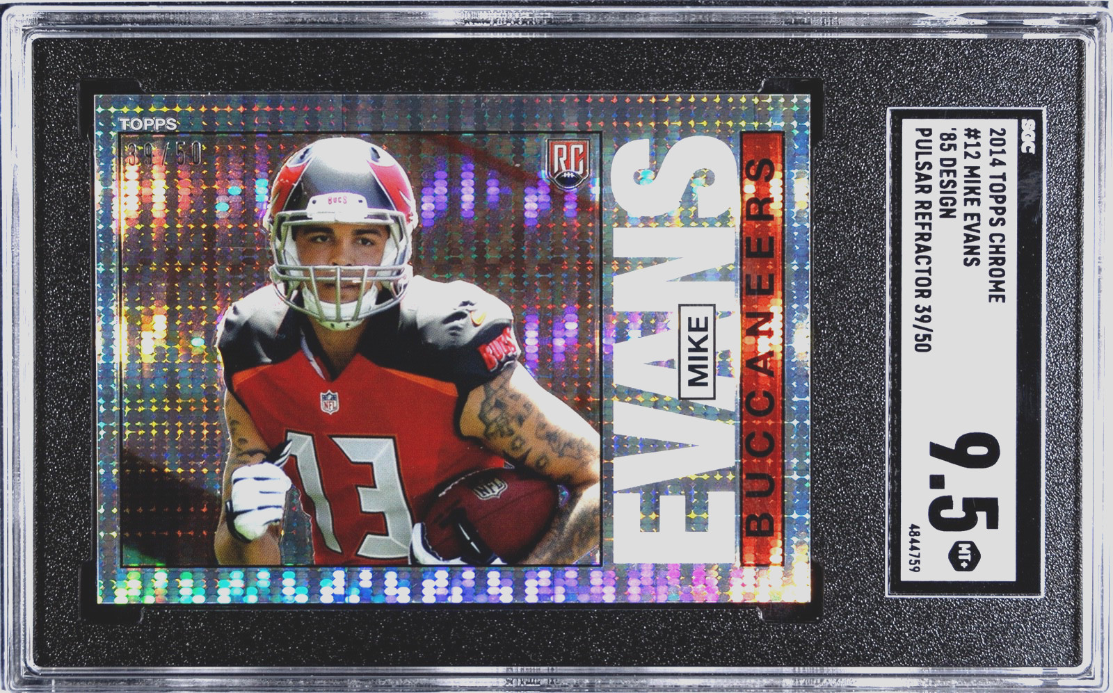 2014 TOPPS CHROME ROOKIE, MIKE EVANS, #12, PULSAR REFRACTOR SERIAL NUMBER #39/50