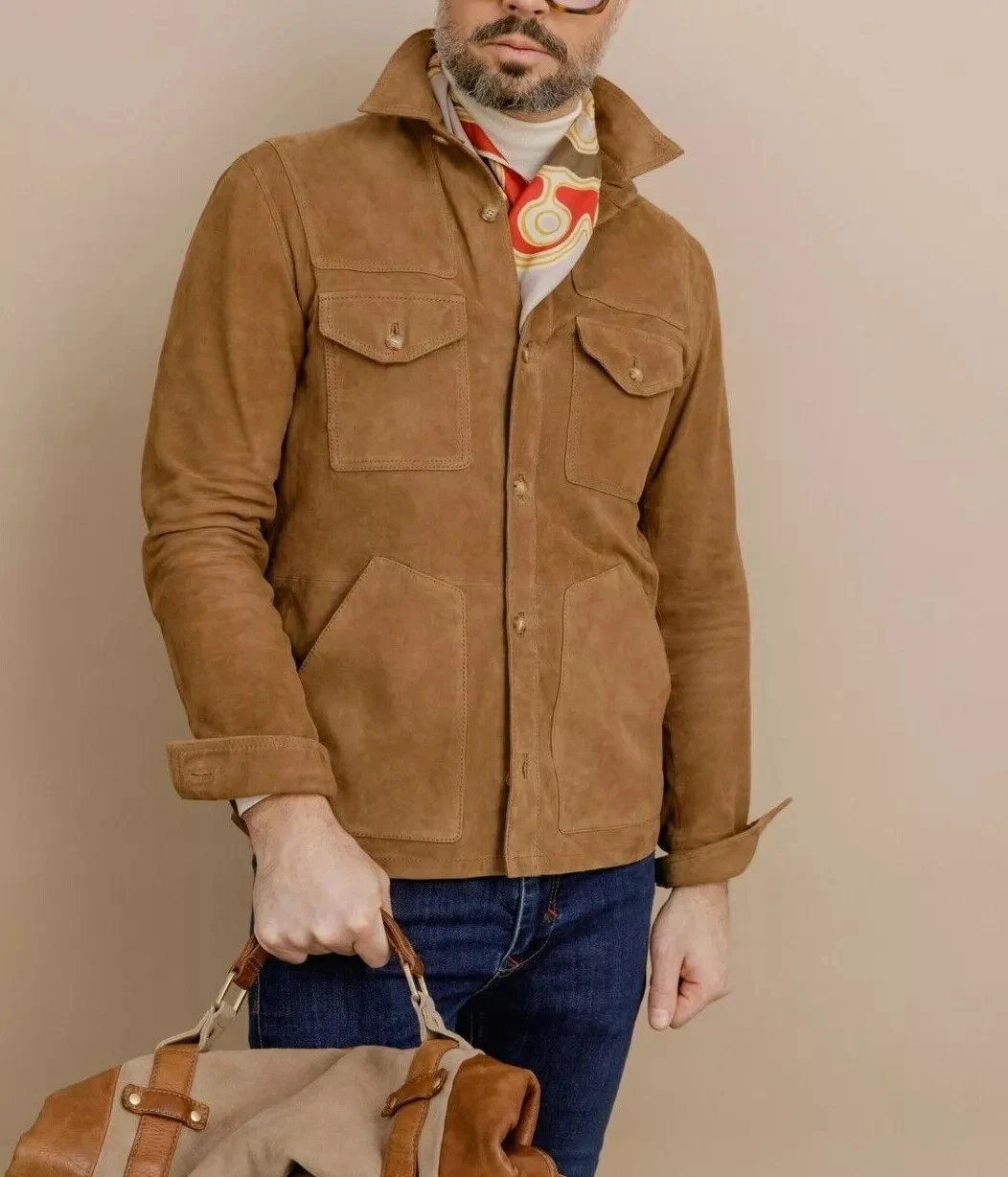 Men Tan Suede Leather Trucker Jacket 100% Lambskin Made To Measure Coat Jacket