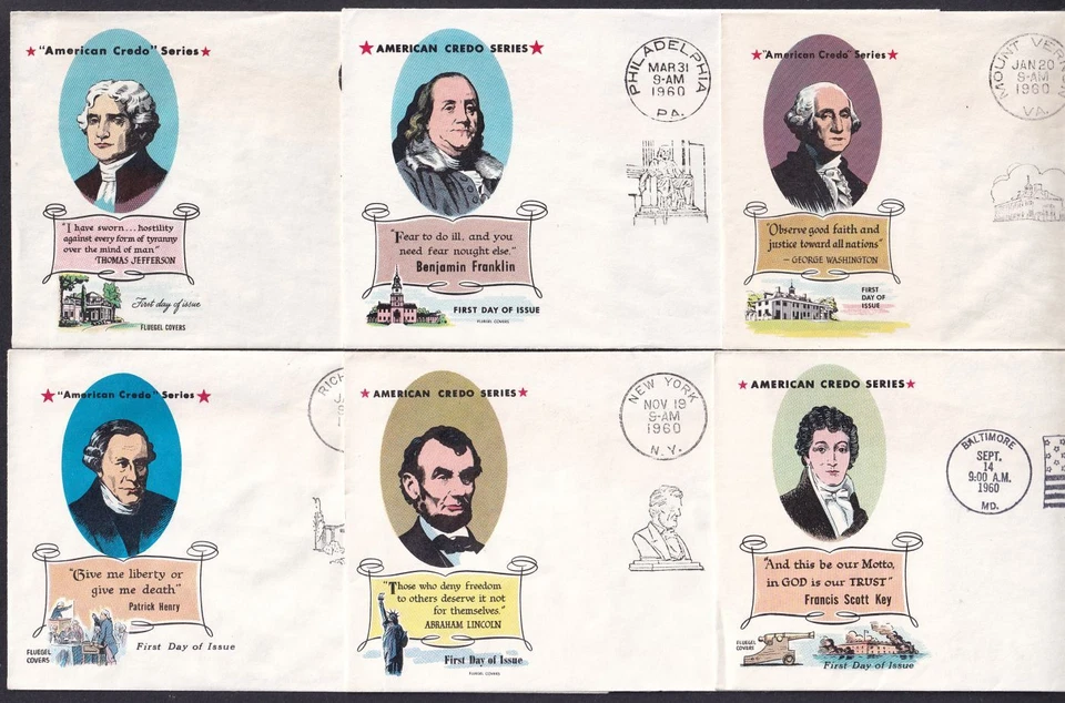 1960 American Credo Series 4¢ Sc 1139-1144 FDCs 5 Fluegel founding ideals quotes - Image 2 of 3