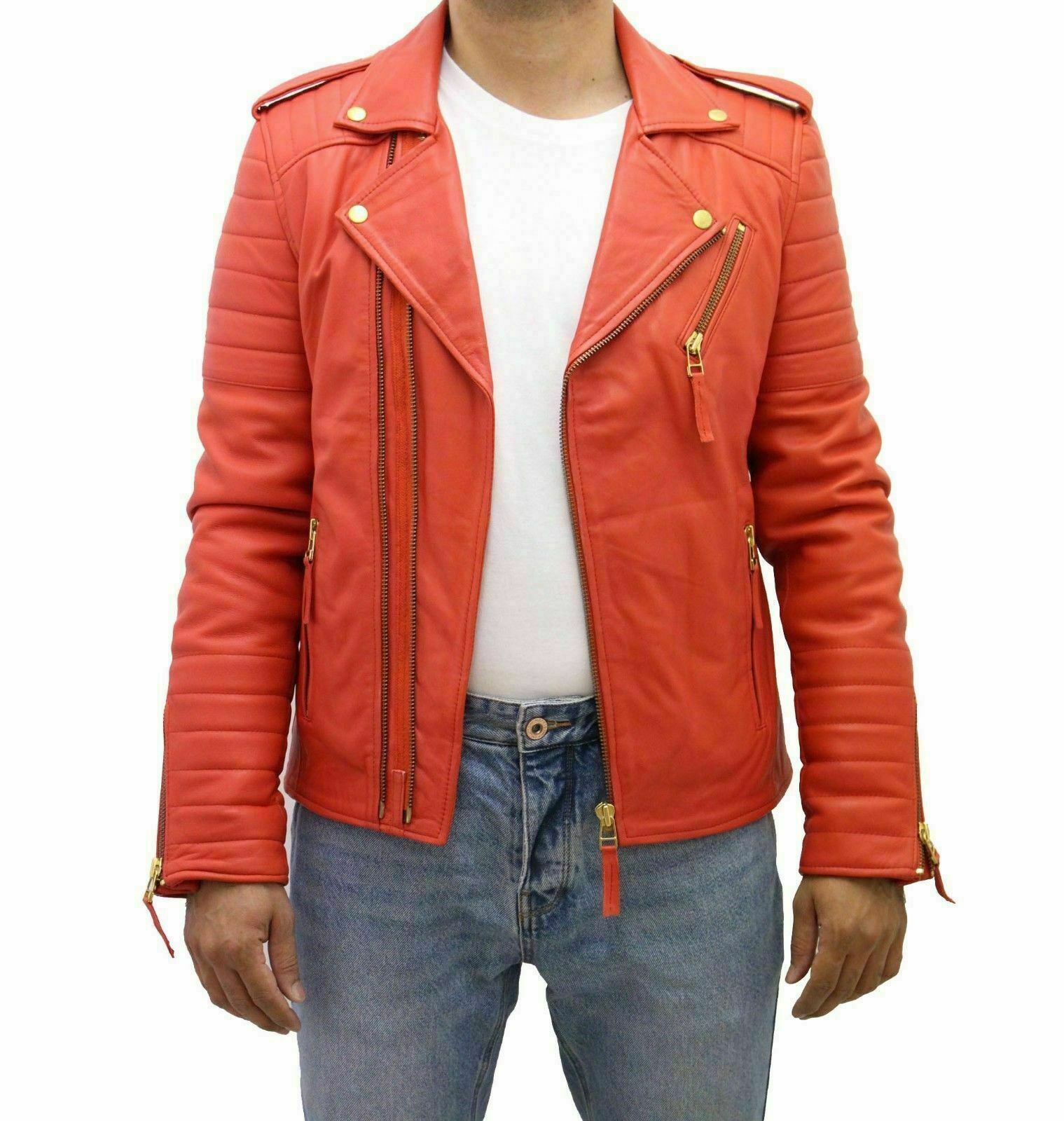 ALTRA Giacca Cappotto Tangy Uomo Vera Pelle d'Agnello Trendy Retro Slim Biker Arancione