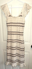 Freshman 1996 Crochet Knit Dress Size S Ruffle Sleeve Striped Midi Cream Brown