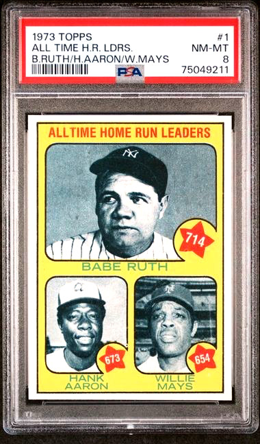 1973 Topps #1 ALL TIME HR LEADERS Ruth/Aaron/Mays PSA 8 NM-MT VERY HIGH END! view 1