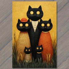 STICKER Black Cat Family Big Eyes Whimsical Cartoon Dressed Cats Yellow Orange