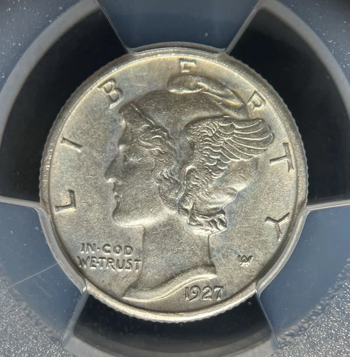 1927 S 10c PCGS AU55 Mercury Silver Dime, Soft Pastel-Blue Skin~Semi Key~US14