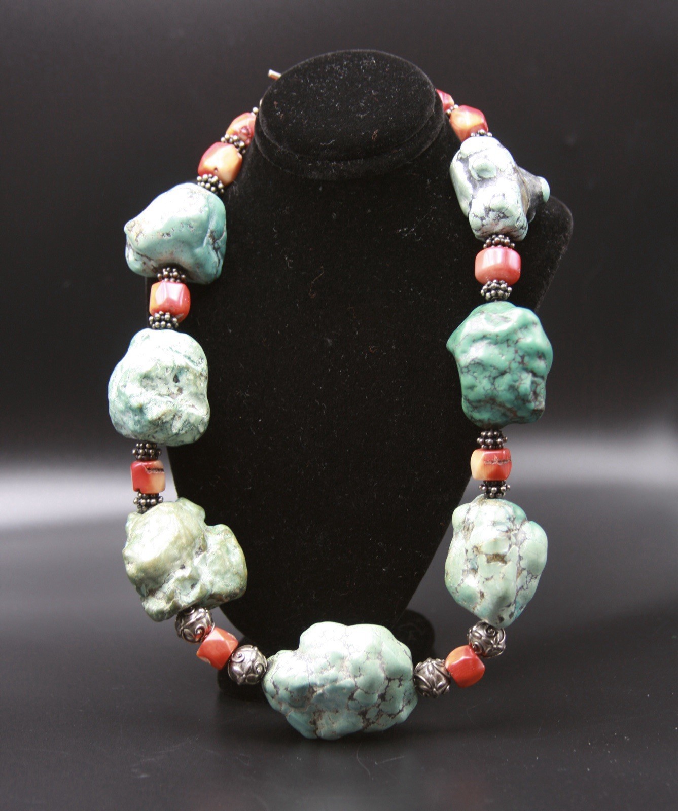 Turquoise Necklace Chunk Style With Red Coral & Silver Spacers & Clasp