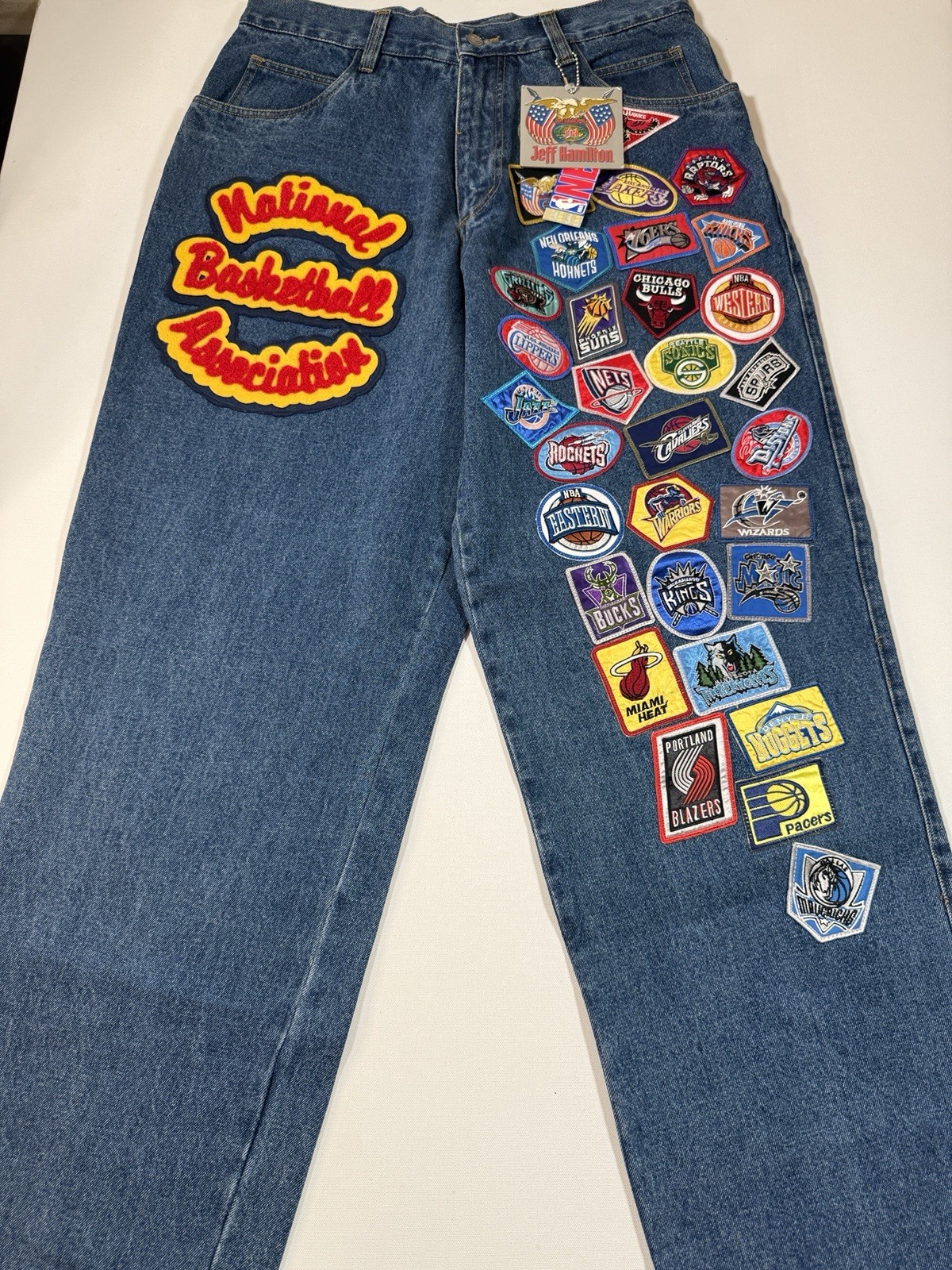 Vintage Jeff Hamilton Jeans Mens 34x34 Blue Denim NBA AOP Patchwork 90s Logo NWT