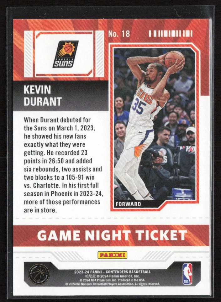 2023-24 Panini Contenders Game Night Ticket Kevin Durant #18 Phoenix Suns - Image 2 of 2
