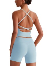 Womens Workout Sets V Neck Strappy Workout Crop Tank Top High Waist Biker Sho...