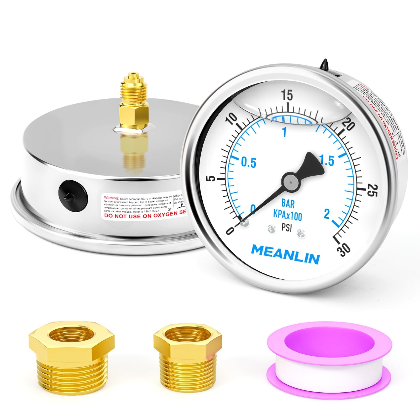 Manomètre anti-vibration en inox 1/4 BSP fini les erreurs de lecture de pression 4"