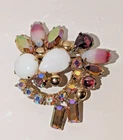 Vintage Milk Glass & Aurora Borealis Rhinestone Abstract Brooch – Gold Tone  2"