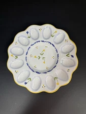 Vintage LE SOLEIL Italy Pottery 3D 12 Deviled EGG Platter 11" Handpainted Floral