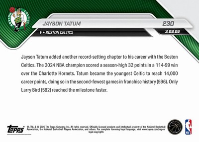 Jayson Tatum Youngest 14k Points - 2025-26 NBA Topps NOW - Card 