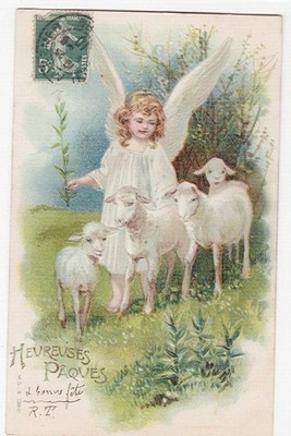 Old postcard fantasy relief HAPPY EASTER Angelot lilies white in hand and lambs 1910