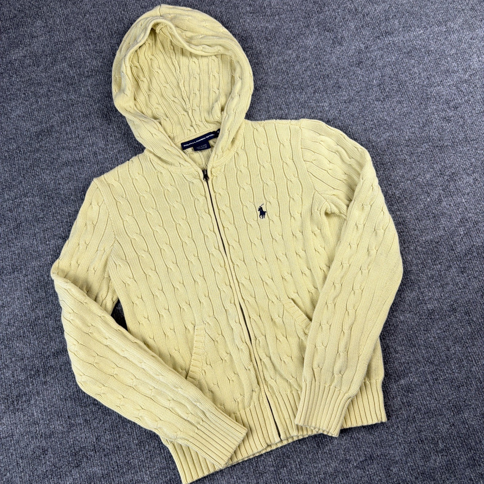 Vintage Polo Ralph Lauren Cable Knit Yellow Full Zip Hoodie Sweater Girls Size M