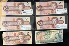 Canada Bank notes: 1 x 1979 $20, 5 x 1986 $2 (4 of them uncirculated)