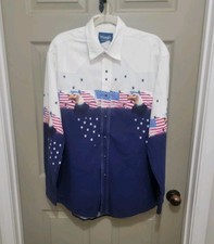 Vintage 90s Wrangler USA American Flag Eagle Pearl Snap Button Up Shirt Size L 