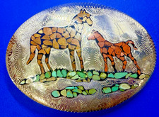 Horse Mare Foal with Coral Jasper Turquoise Chip Inlay Vintage Belt Buckle