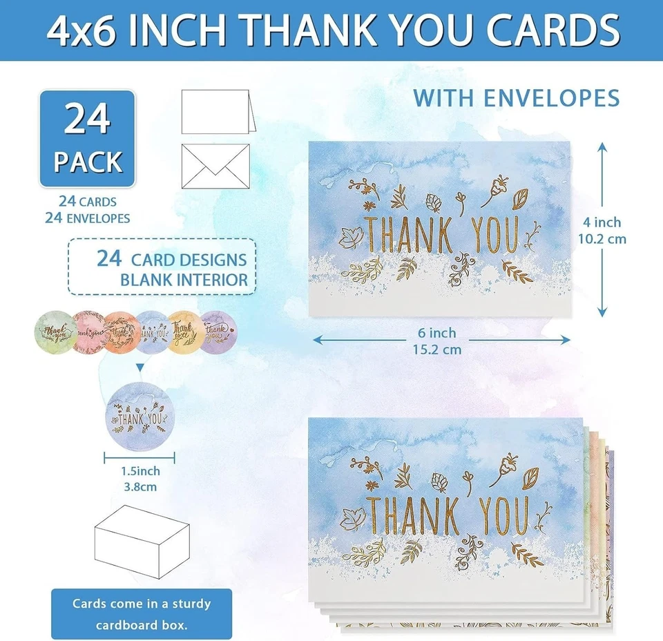 Акварельные благодарственные открытки упаковка 24 шт. с 24 конвертами 24 наклейки 6 дизайнов идут... - Изображение 4 из 4