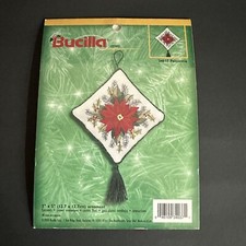 VTG Bucilla Crewel Embroidery Ornament Kit Christmas Poinsettia NOS Made in USA