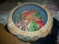 Vintage Carved Soapstone Ashtray Flower and Asian Relief 1950's