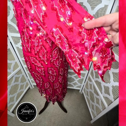 Scala Vintage 80's Red 100% Silk Sequin and Beaded Leaf Handkerchief Hem Dress - Picture 9 of 14