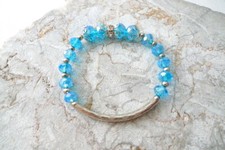 Women's Girls STRETCH BRACELET Faceted Turquoise Glass Beads w/Silver Accents