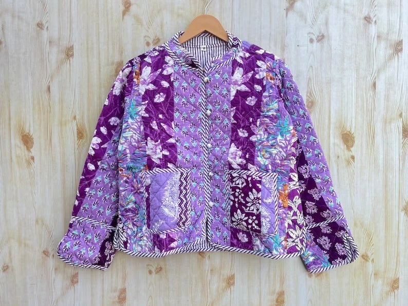 Indian Purple Floral 100%Cotton Quilted Unisex Jacket Women's Clothing Jacket AU