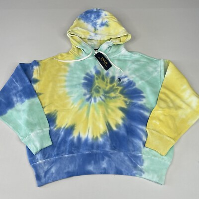 Polo Ralph Lauren Womens LARGE Yellow Spiral Tie Dye Terry Hoodie 