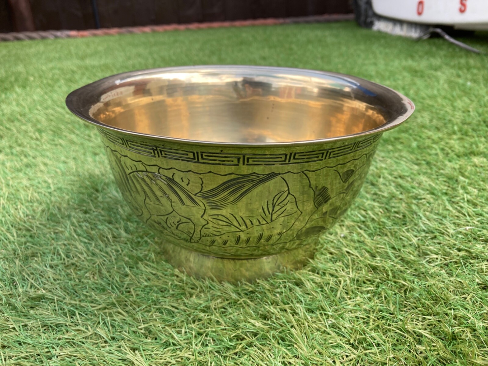 Vintage Chinese Brass Pedestal Bowl Dish Hand etched Foo Dog design