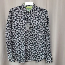 Visconti Black Long Sleeve Shirt Men's Size L Black White Leaves and Check NWT